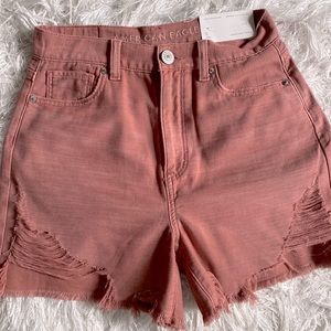 New American Eagle Highest Rise Distressed Raw Hem Mom Denim Cotton Jean Shorts